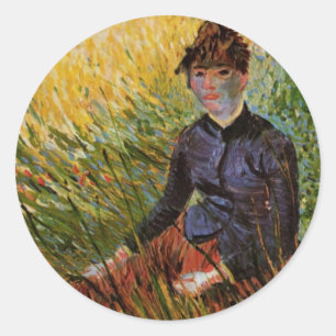 Van Gogh; Woman Sitting in Grass, Vintage Fine Art Classic Round Sticker