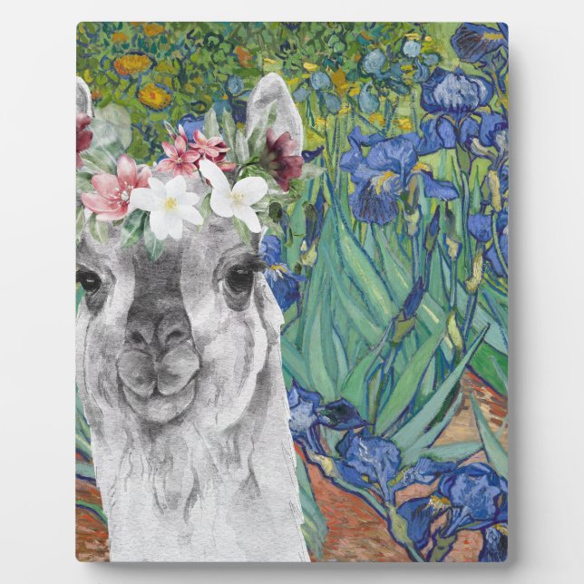 Van Gogh's Irises and Fancy Llama Plaque (Front)