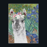 Van Gogh's Irises and Fancy Llama Postcard<br><div class="desc">Beautiful and artistic digital compilation features Vincent Van Gogh's Irises fine art painting as a backdrop to an adorable watercolor llama with a fancy crown of flowers.</div>