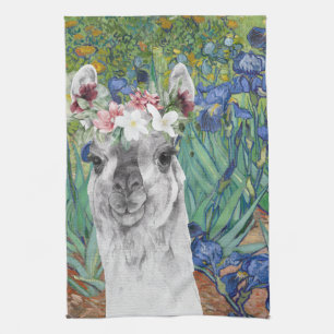 Van Gogh's Irises and Fancy Llama Tea Towel