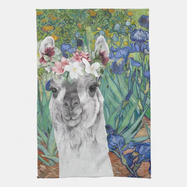 Van Gogh's Irises and Fancy Llama Tea Towel (Vertical)