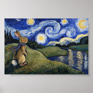 Van Gogh's Starry Night with Bunny Poster