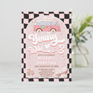 Van Pink Young Wild and Three 3rd Birthday Invitation
