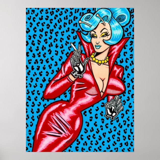 Vana DeVinyl™/Red Vinyl Dress/Blue Leopard Poster (Front)