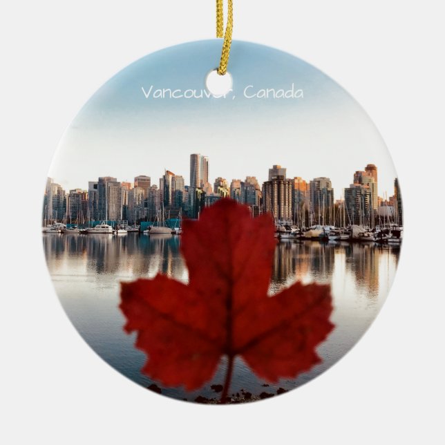 Vancouver Canada Red Maple Leaf Skyline Ceramic Ornament (Front)