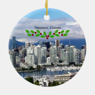 Vancouver Canada Skyline with Christmas holly Ceramic Ornament