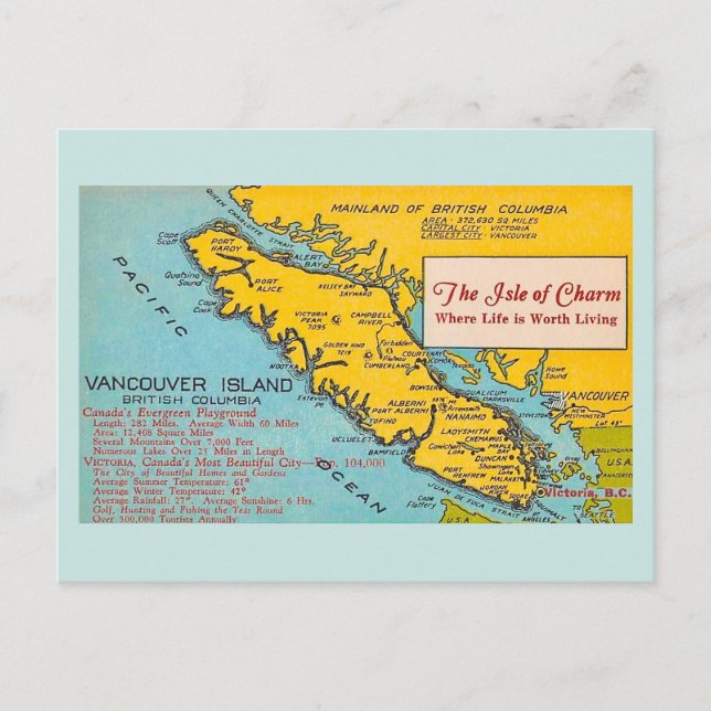 Vancouver Island  Vintage Map Blue Postcard (Front)