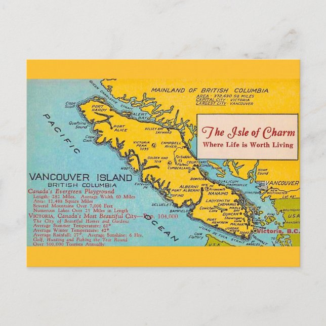 Vancouver Island  Vintage Map Postcard (Front)