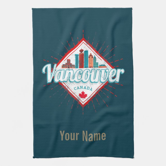 Vancouver Skyline British Columbia Retro Canada Tea Towel (Vertical)