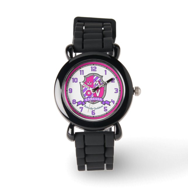 Vanessa letter V name meaning crest unicorn pink Watch (Front)