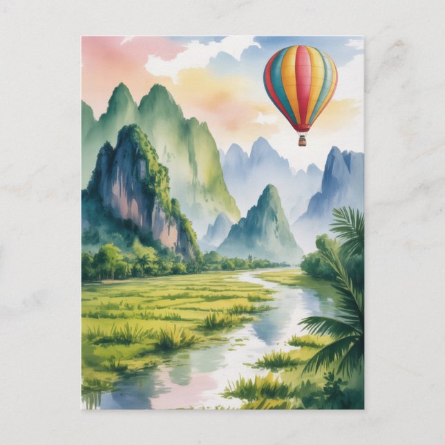  Vang Vieng Laos Hot air Balloon watercolor Postcard (Front)