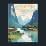 Vang Vieng Laos Travel Art Vintage Postcard<br><div class="desc">Vang Vieng retro vector travel design. Vang Vieng is a small town north of Vientiane,  on the Nam Song River in Laos. It's surrounded by striking limestone mountains and caves.</div>