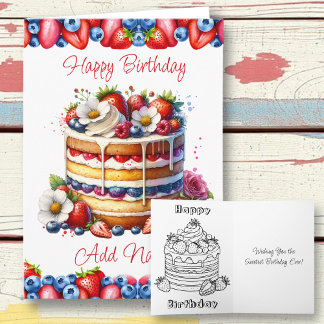 Vanilla Birthday Cake and Berries | Colouring Page Card