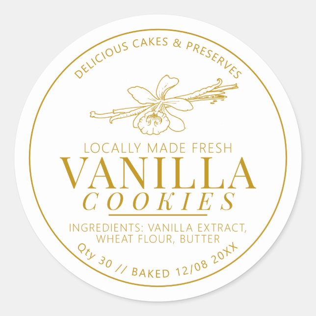 Vanilla cookies flower and bean drawing golden classic round sticker (Front)