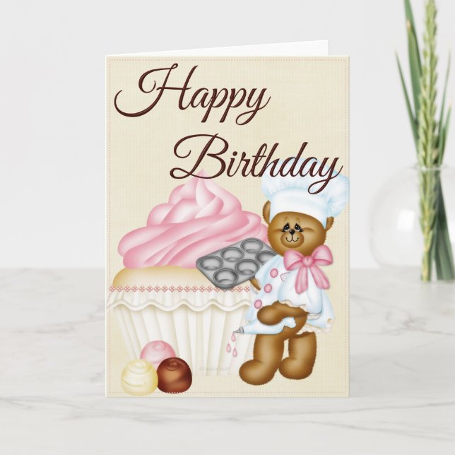 Vanilla Cupcake w/Bear Baker Happy Birthday Card 2 (Front)
