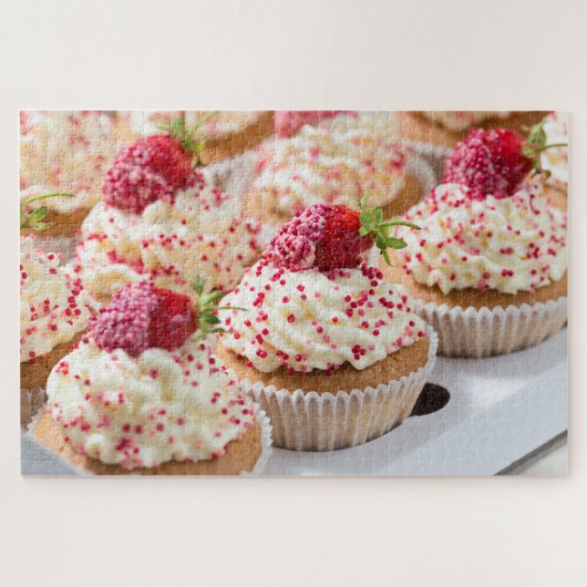 Vanilla Cupcakes with Red Sprinkles & Strawberries Jigsaw Puzzle (Horizontal)