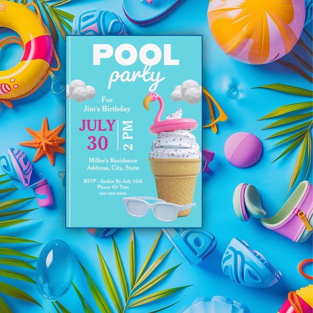 Vanilla Ice Cream Cone Birthday Pool Party Invitation (Creator Uploaded)