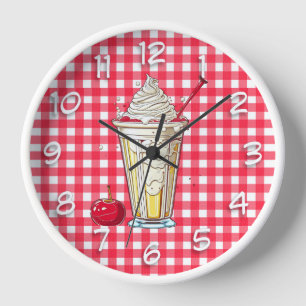 Vanilla Milkshake with Cherries Red Chequered Clock