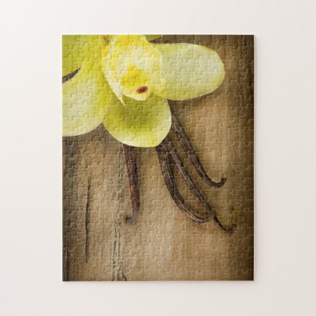 Vanilla Pods and Flower over Wooden Background Jigsaw Puzzle (Vertical)