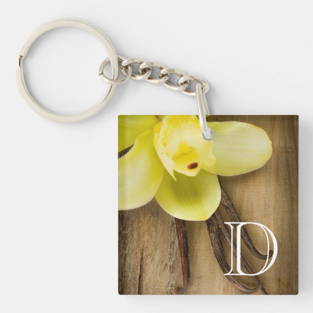 Vanilla Pods and Flower over Wooden Background Key Ring (Front)