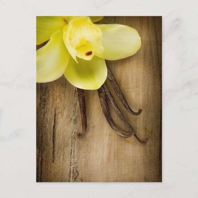 Vanilla Pods and Flower over Wooden Background Postcard (Front)