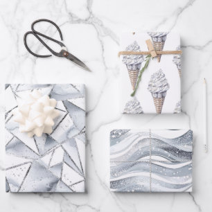 Vanilla Silver Confetti Ice Cream Cone Birthday Wrapping Paper Sheet