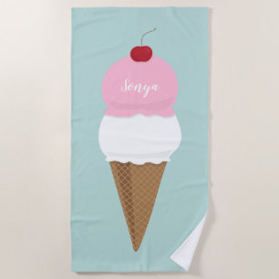 Vanilla & Strawberry Ice Cream Cone Name and Colou Beach Towel