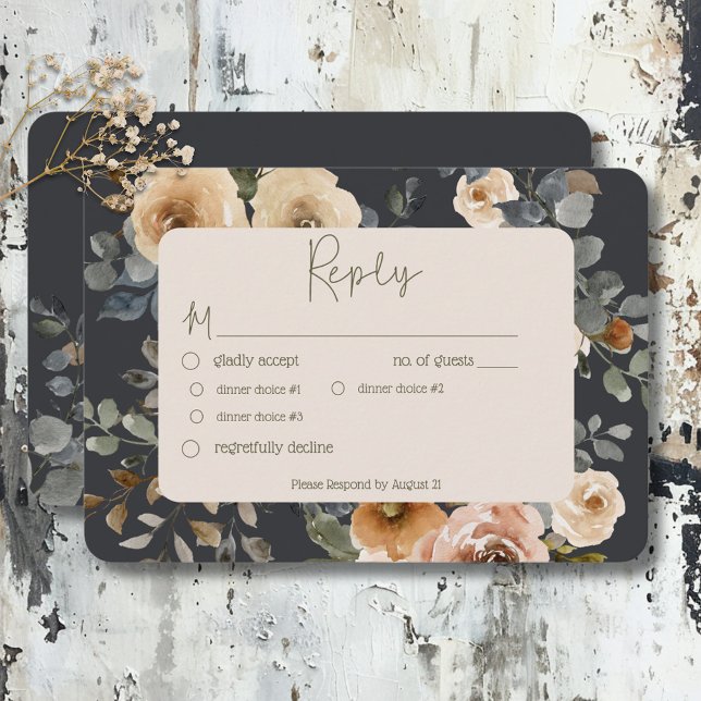 Vanilla White Boho Roses Blue Wedding Dinner RSVP Card (Vanilla White Boho Roses Blue Wedding Dinner RSVP Card)
