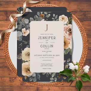 Vanilla White Boho Roses Blue Wedding Invitation