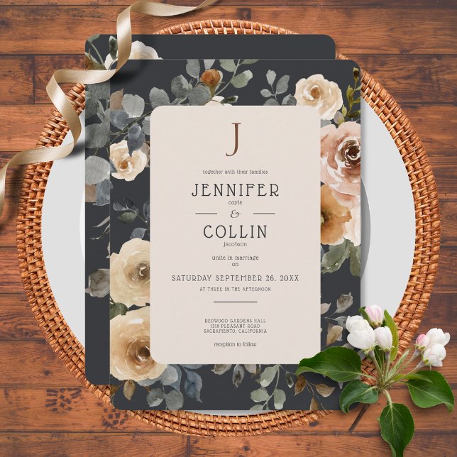 Vanilla White Boho Roses Blue Wedding Invitation (Creator Uploaded)