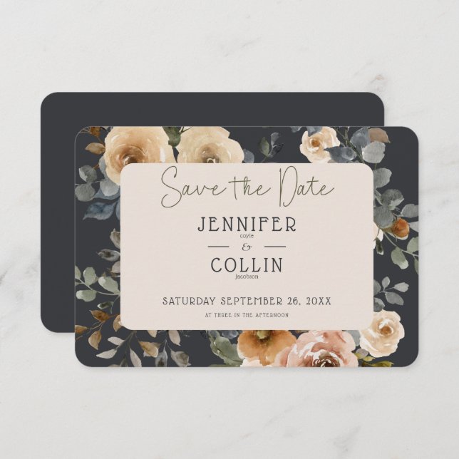 Vanilla White Boho Roses Blue Wedding Save The Date (Front/Back)
