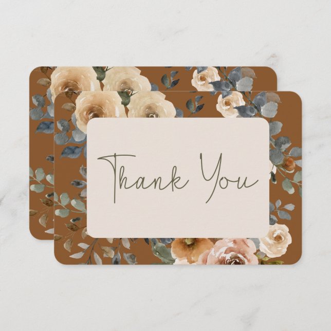 Vanilla White Boho  Roses Rust Wedding Thank You Card (Front/Back)