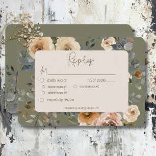 Vanilla White Boho Roses Sage Wedding Dinner RSVP Card
