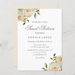 Vanilla White Cream Roses Elegant Sweet 16 Party Invitation