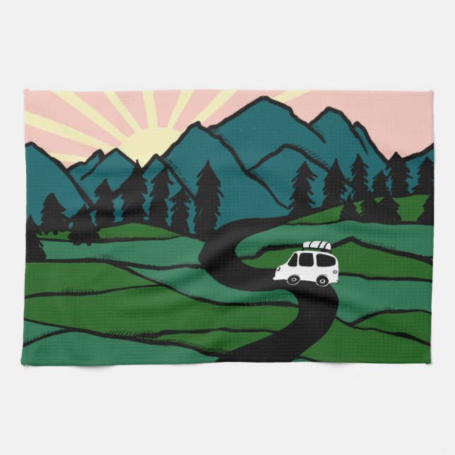 Vanlife in the Mountains Sunrise Camping Tea Towel (Horizontal)