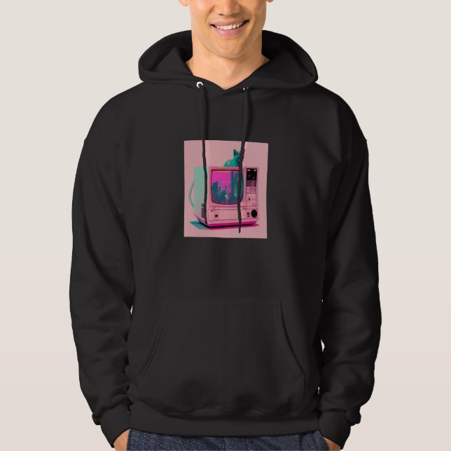 Vaperwave Aesthetic Glitch Cat Retrowave Synthwave Hoodie (Front)