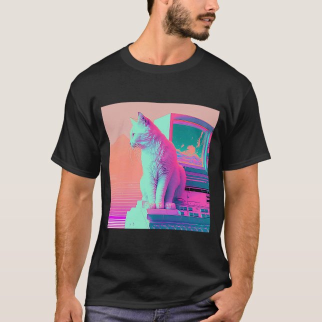 Vaperwave Aesthetic Glitch Cat Retrowave Synthwave T-Shirt (Front)