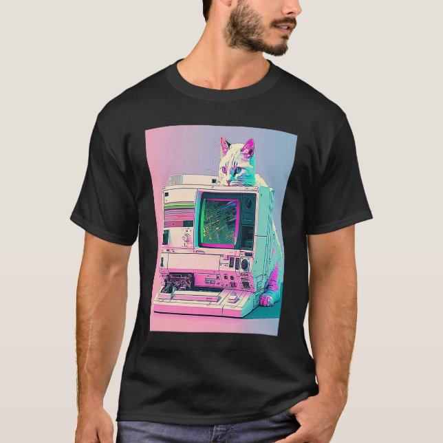 Vaperwave Aesthetic Glitch Cat Retrowave Synthwave T-Shirt (Front)