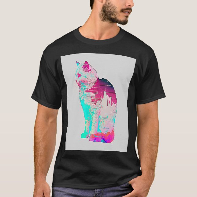 Vaperwave Aesthetic Glitch Cat Retrowave Synthwave T-Shirt (Front)