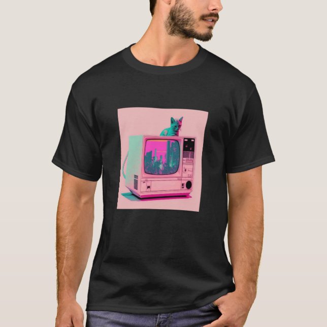 Vaperwave Aesthetic Glitch Cat Retrowave Synthwave T-Shirt (Front)