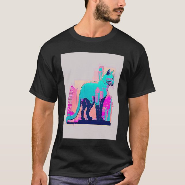 Vaperwave Aesthetic Glitch Cat Retrowave Synthwave T-Shirt (Front)