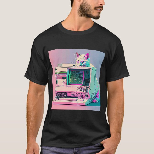 Vaperwave Aesthetic Glitch Cat Retrowave Synthwave T-Shirt (Front)