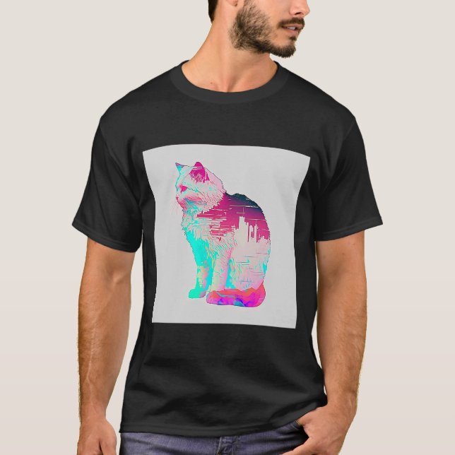 Vaperwave Aesthetic Glitch Cat Retrowave Synthwave T-Shirt (Front)