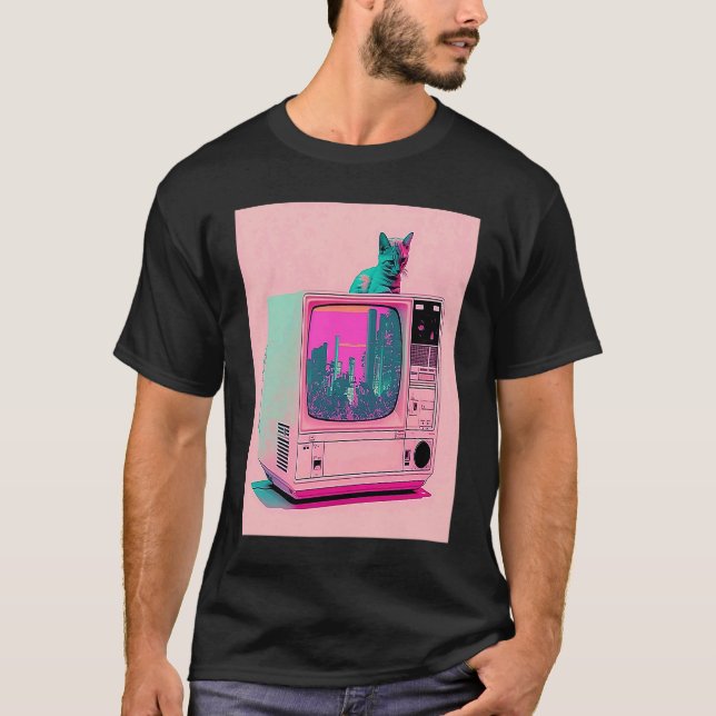 Vaperwave Aesthetic Glitch Cat Retrowave Synthwave T-Shirt (Front)