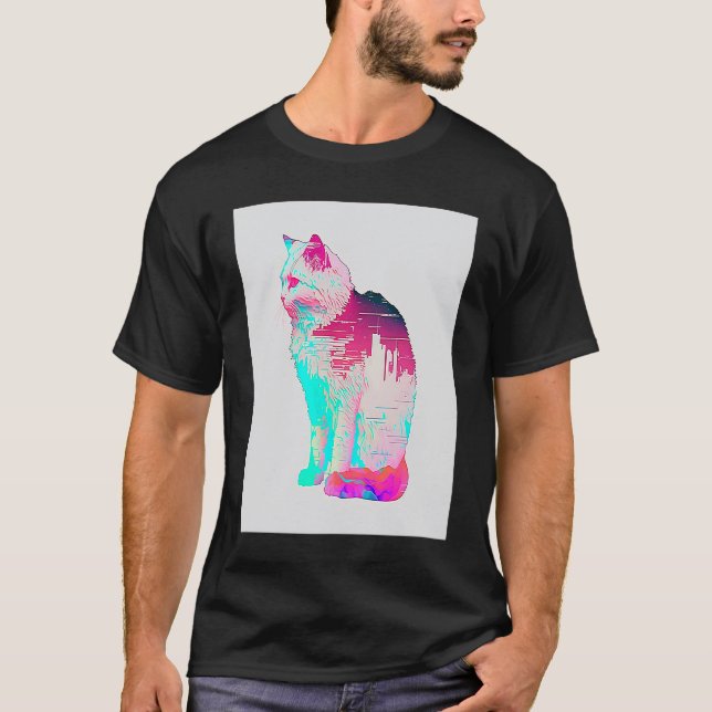 Vaperwave Aesthetic Glitch Cat Retrowave Synthwave T-Shirt (Front)