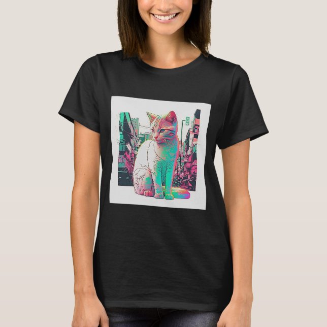 Vaperwave Aesthetic Glitch Cat Retrowave Synthwave T-Shirt (Front)