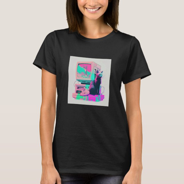 Vaperwave Aesthetic Glitch Cat Retrowave Synthwave T-Shirt (Front)