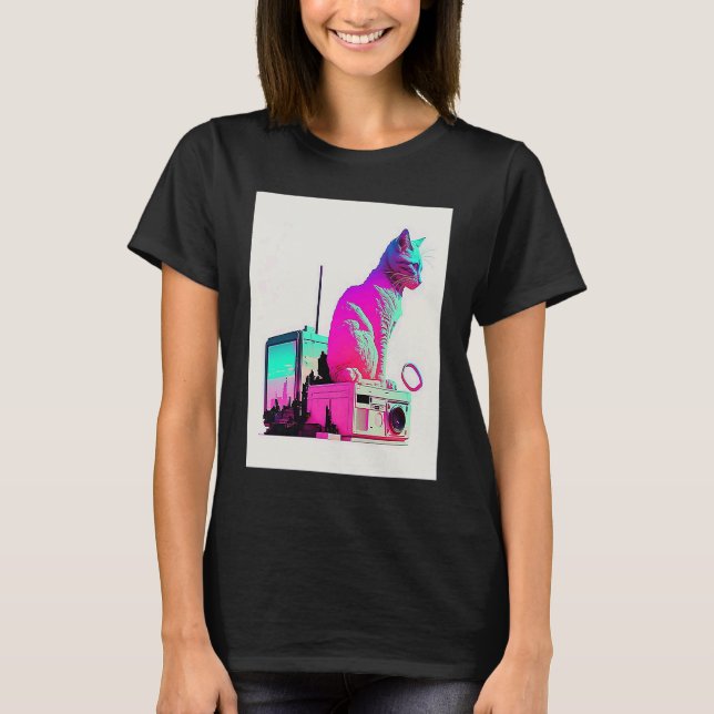 Vaperwave Aesthetic Glitch Cat Retrowave Synthwave T-Shirt (Front)