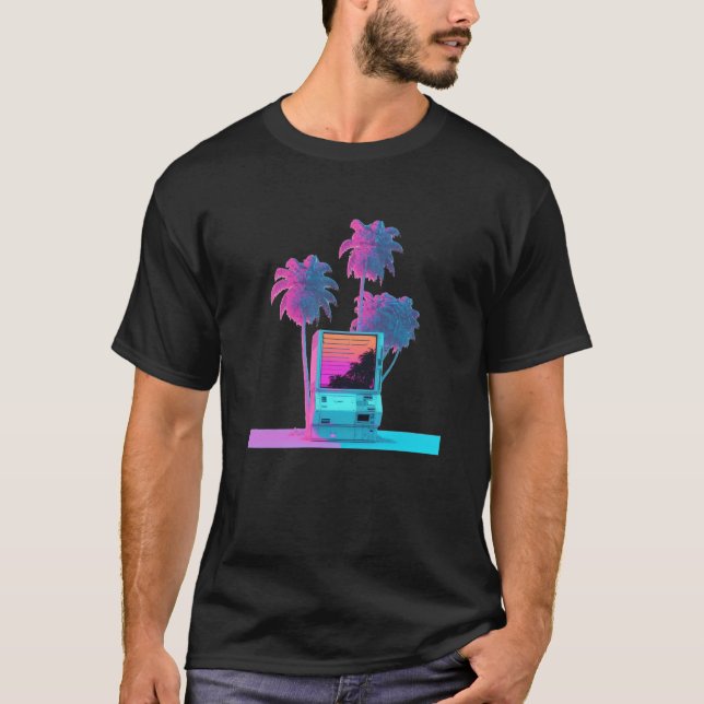Vaperwave Aesthetic Glitch Palm Tree Retrowave Syn T-Shirt (Front)