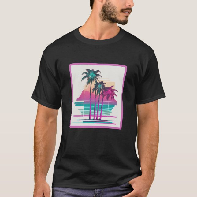 Vaperwave Aesthetic Glitch Palm Tree Retrowave Syn T-Shirt (Front)